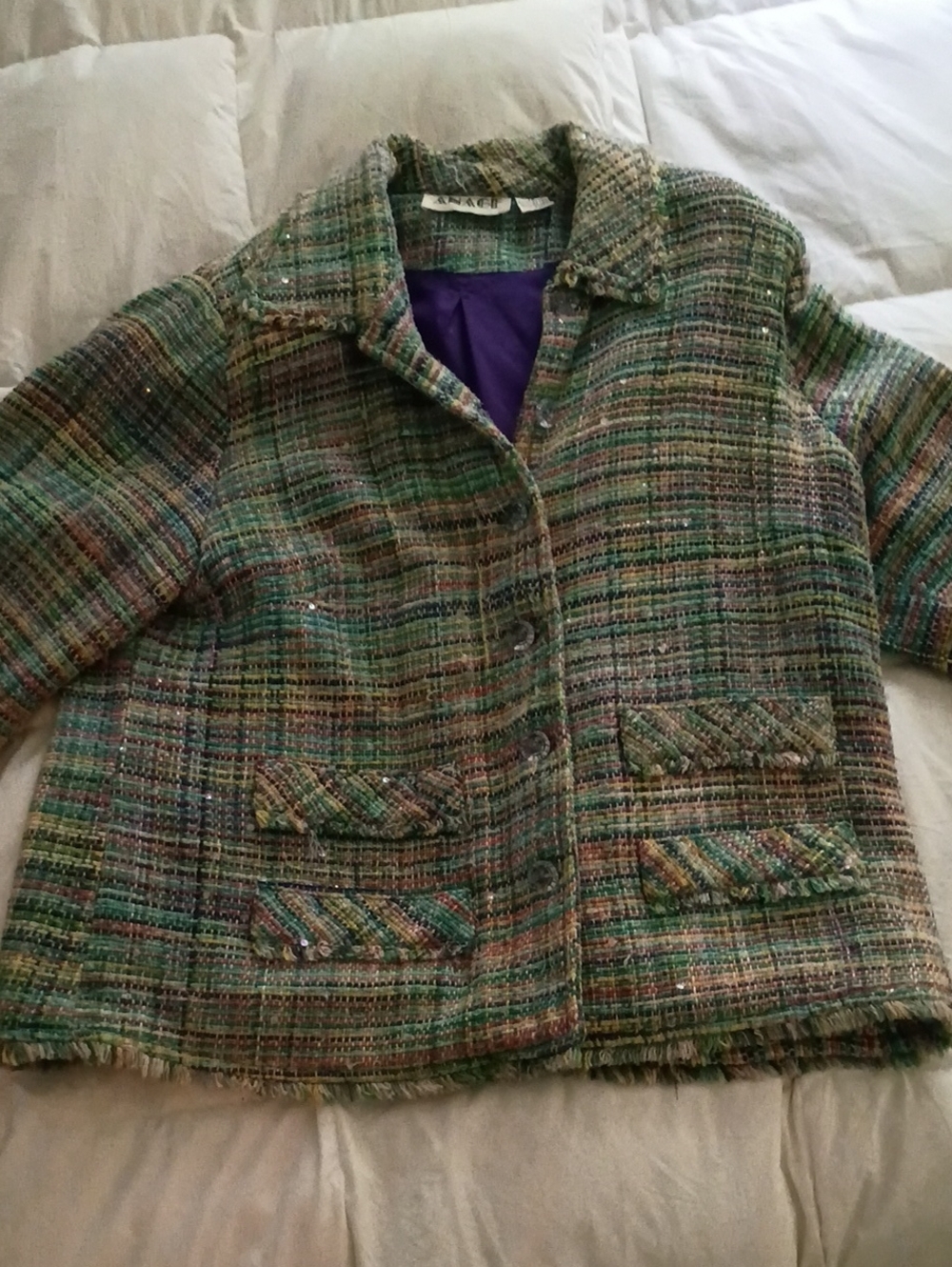 Anage Multicolor Tweed Jacket with Green and Purple Lining